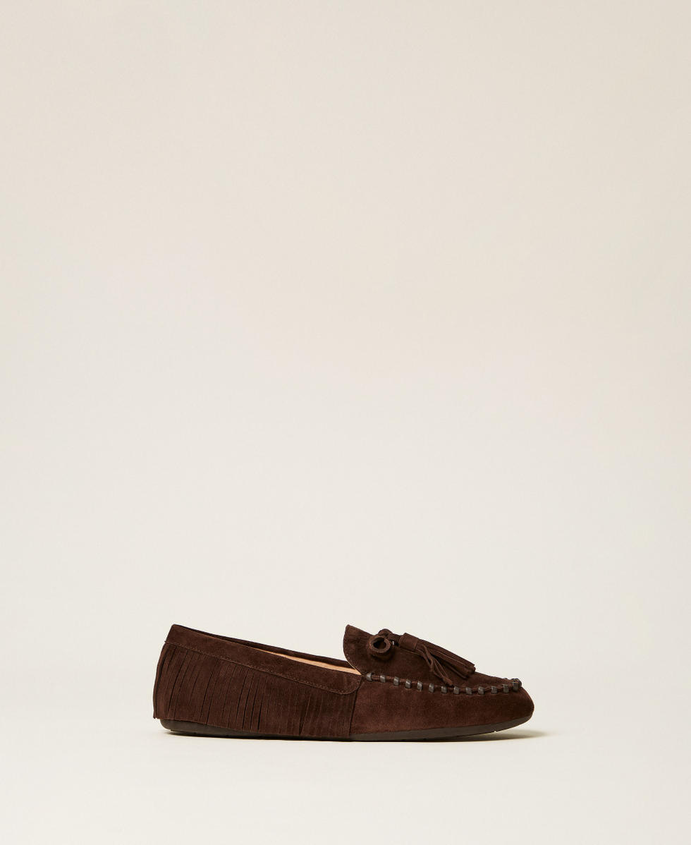 Mokassin aus Veloursleder mit Fransen Darkness Brown Frau 262TCP162_13411_01