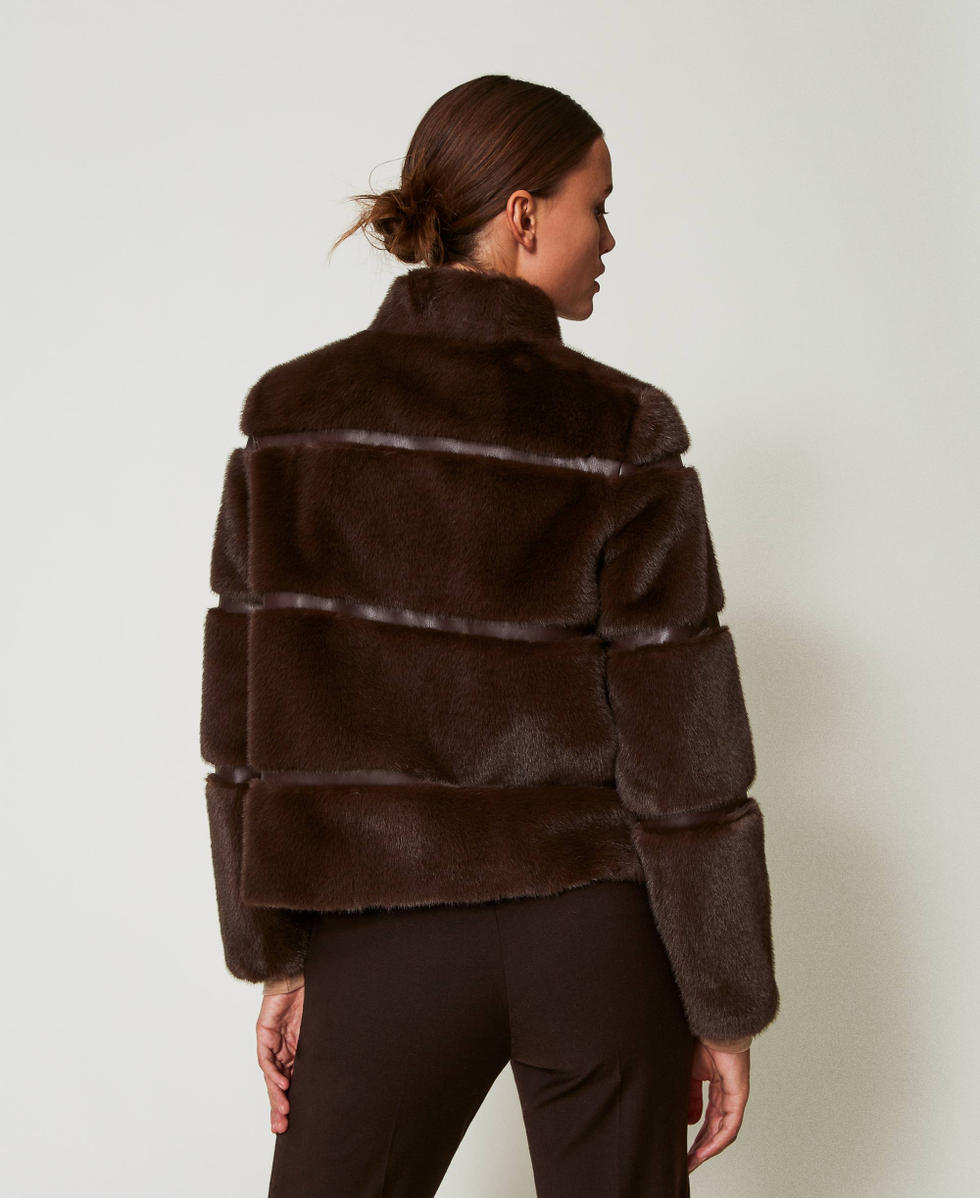 Short faux fur coat with inlays Woman, Brown | TWINSET Milano
