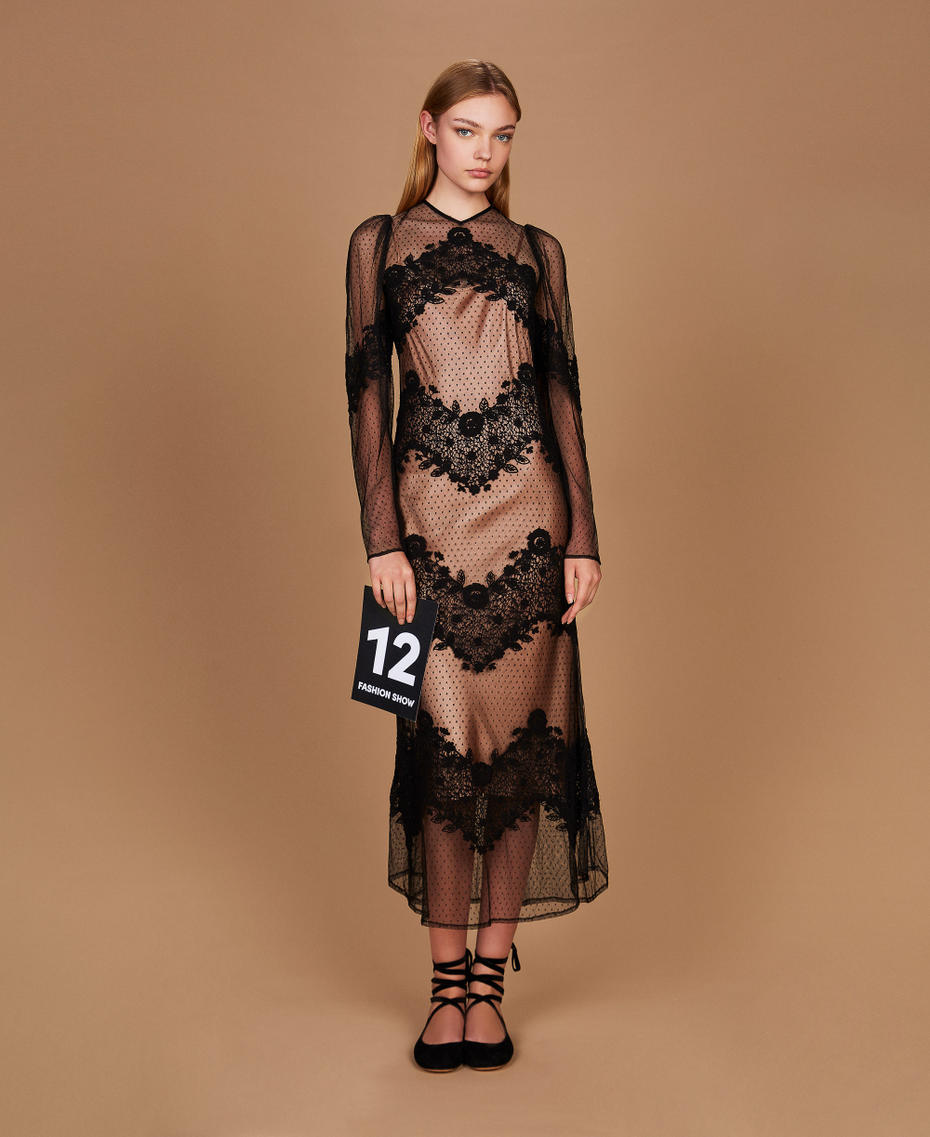 Robe longue en tulle et dentelle Noir Femme 252TS2230_00006_PS