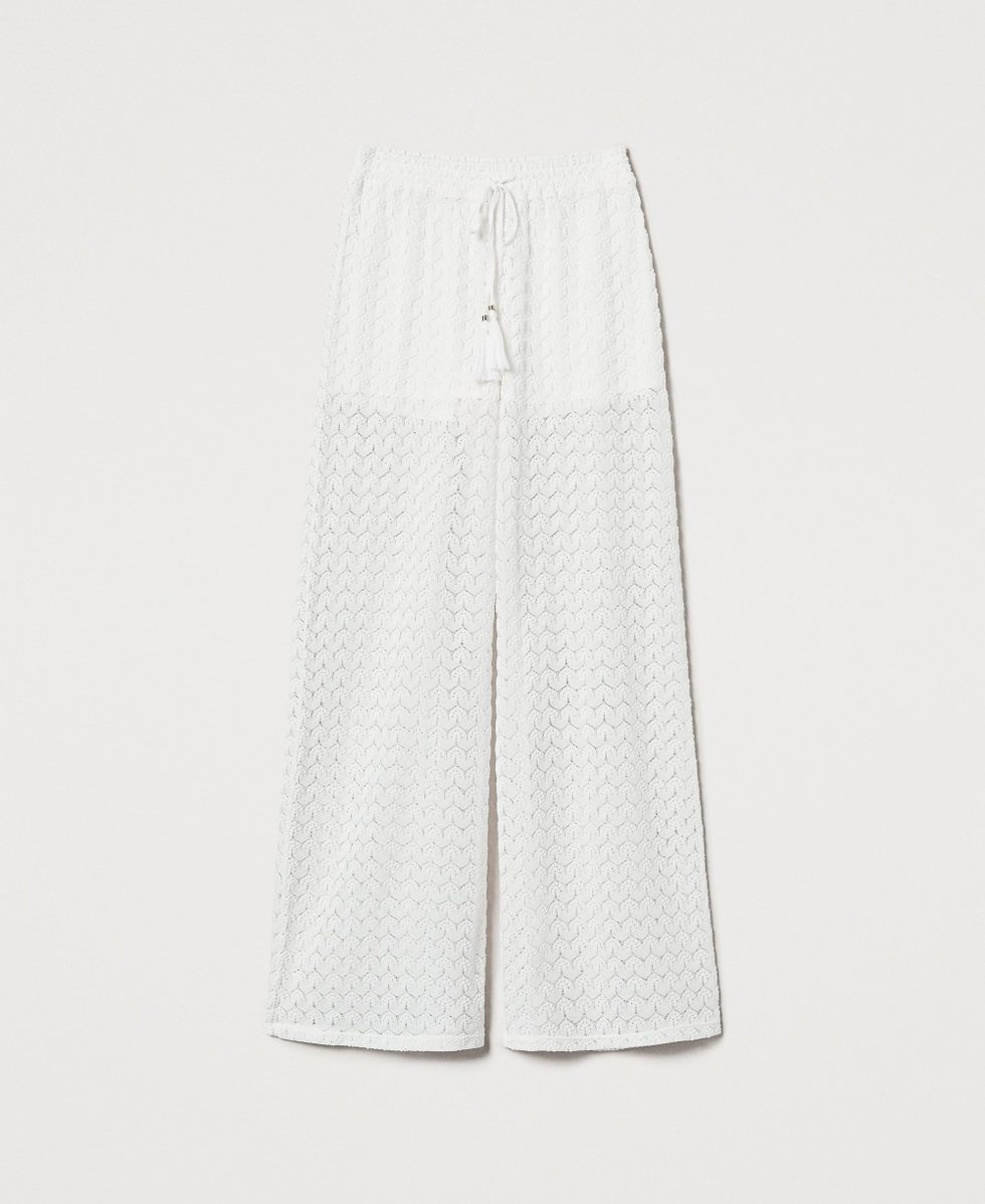 Pantalon palazzo en crochet avec cordon de serrage Blanc Sugar Femme 251LM2HAA_00632_S0