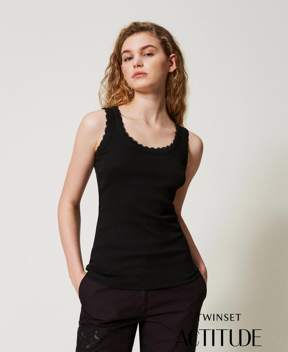 Fitted ribbed top with lace Black Woman 251AX2080_00006_PA