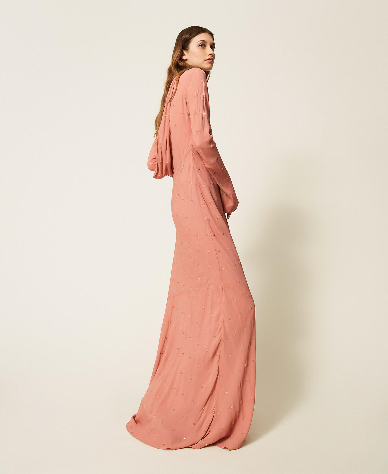 Long dress with lurex embroidery and deep neckline Rust Brown Woman 252TP2035_12608_02