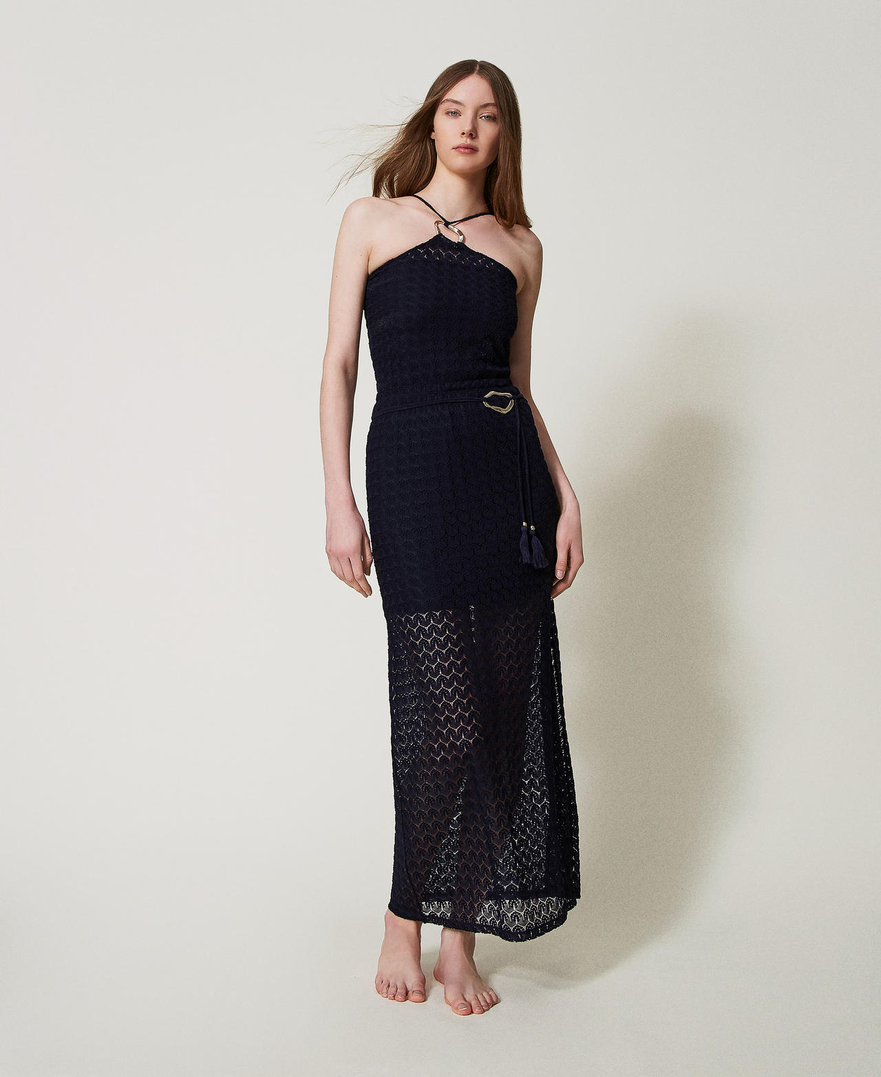 Jupe mi-longue en crochet Bleu Classique Femme 251LM2HBB_11956_01