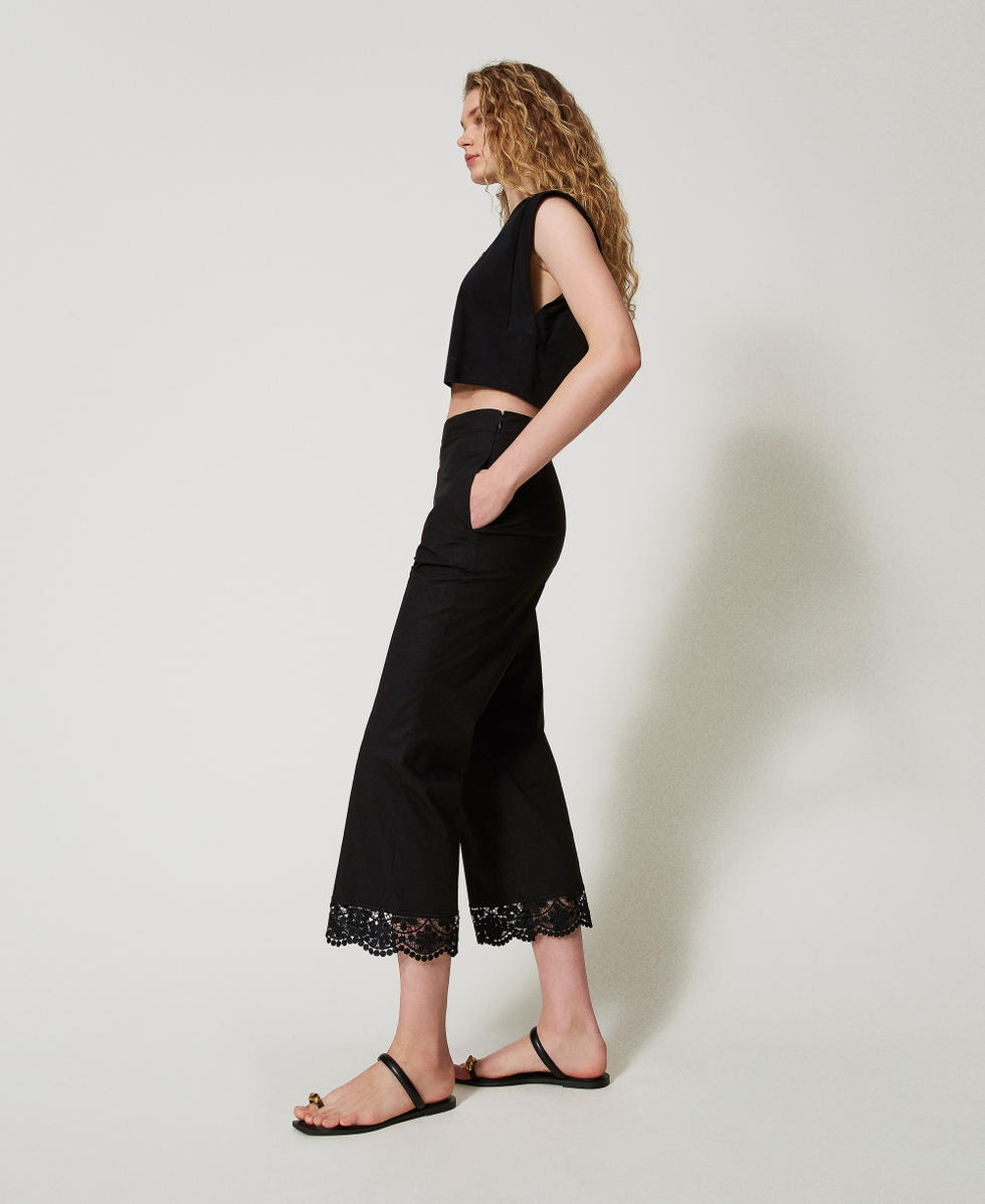 Cropped poplin trousers with lace Woman, Black | TWINSET Milano