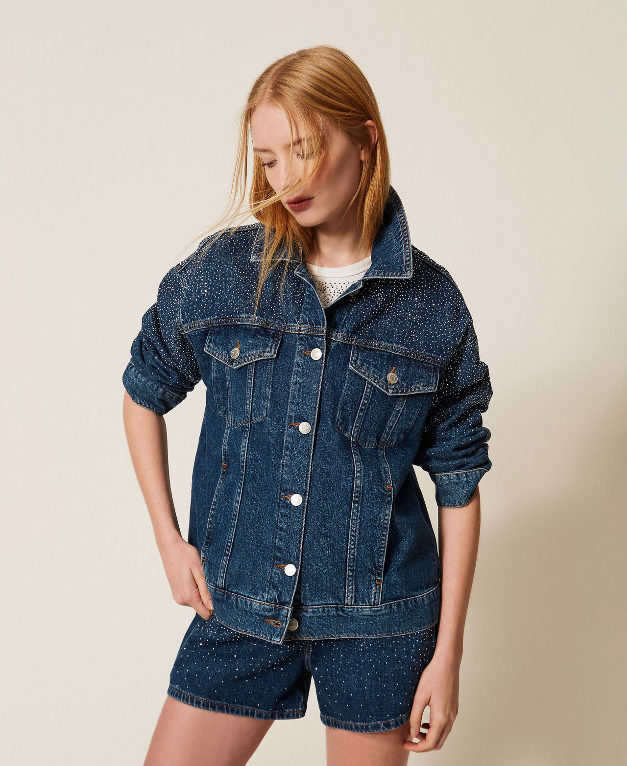 Denim jacket with rhinestones Denim Blue Woman 261AP2340_01104_01