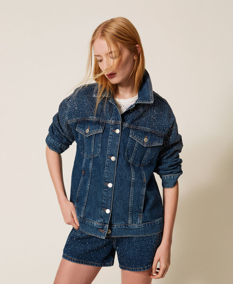 Denim jacket with rhinestones Denim Blue Woman 261AP2340_01104_01