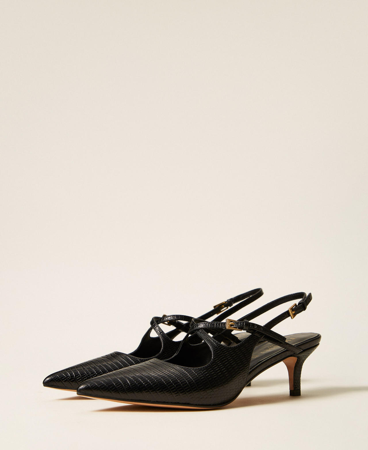 D&eacute;collet&eacute; slingback in pelle con cinturini Stampa Karung Nero Donna 262TCP032_13694_02