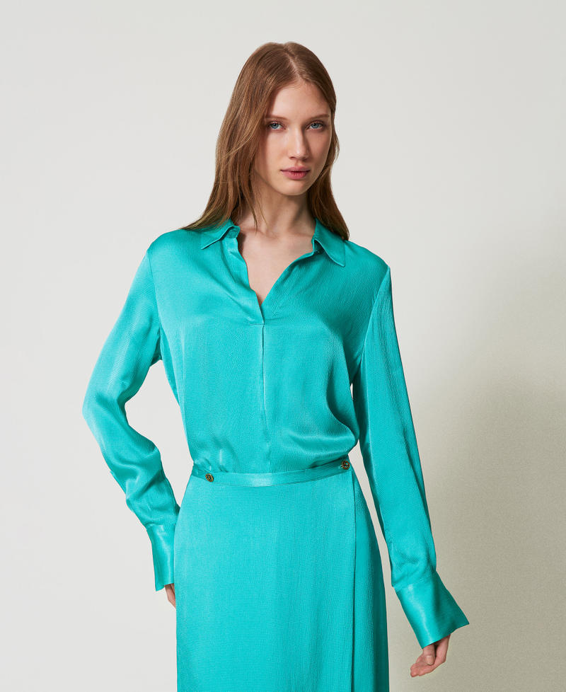 Satin blouse with shirt collar Emerald Sea Woman 251TE2044_12146_01