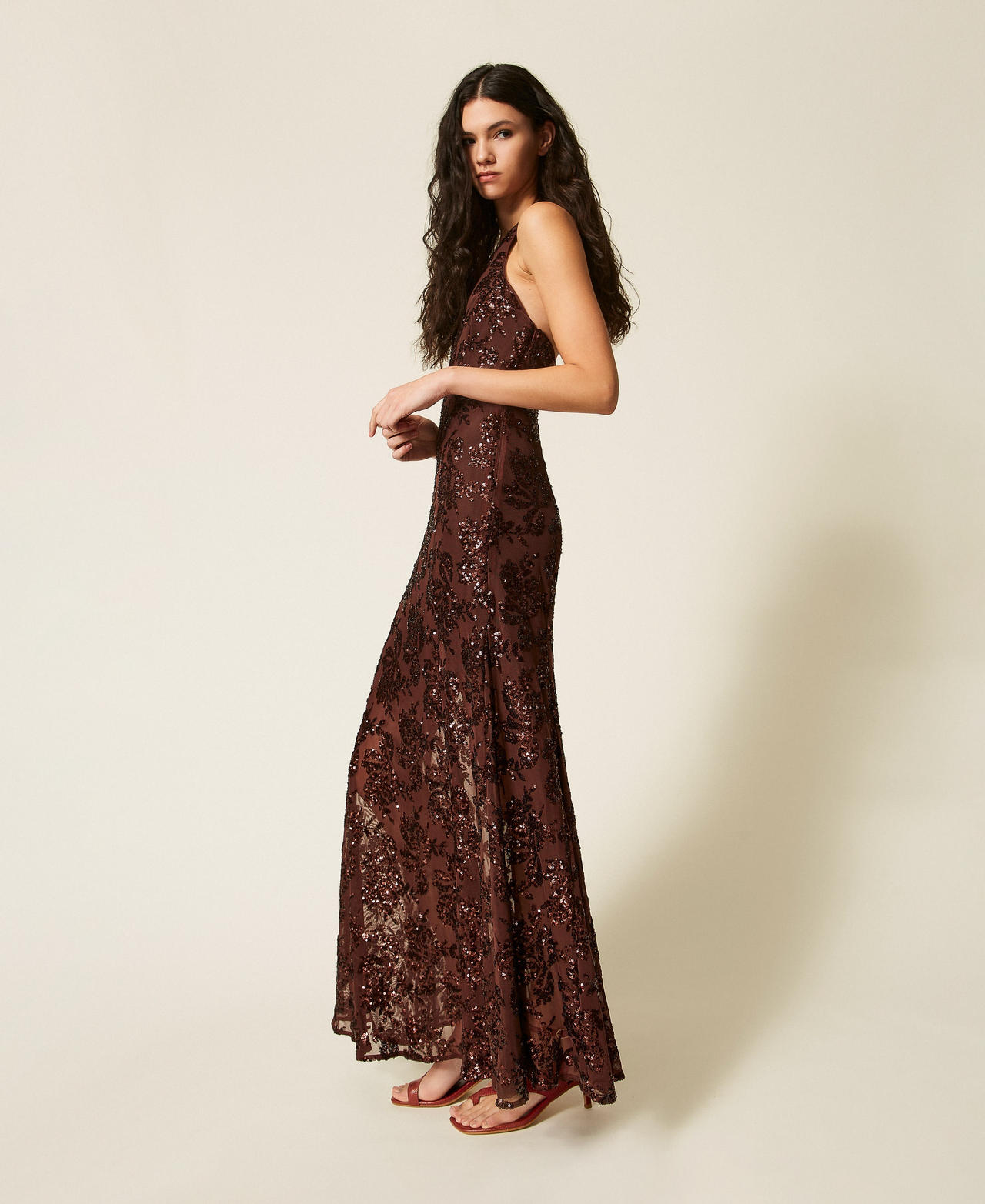 Robe longue en tulle avec sequins Marron &laquo;&thinsp;Bitter Chocolate&thinsp;&raquo; Femme 261AT2145_11504_02