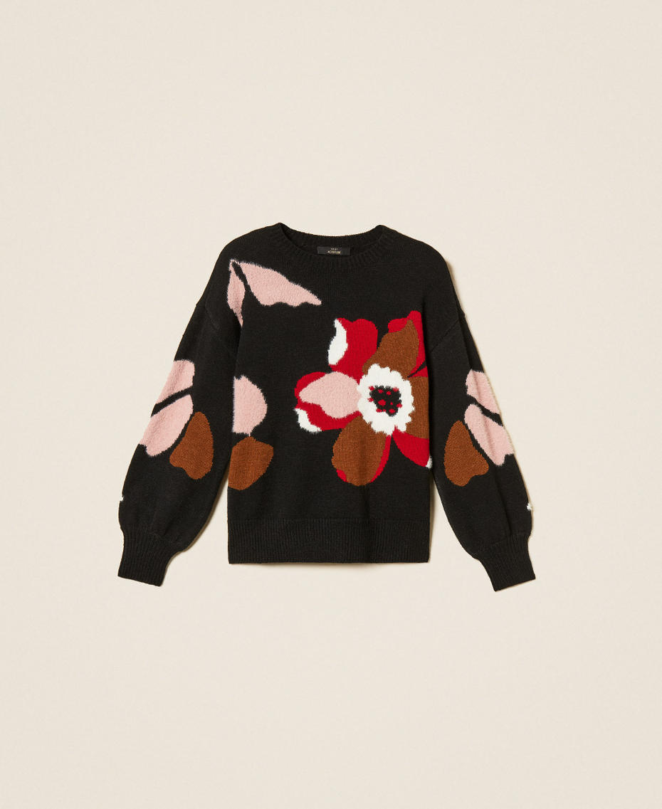 Pullover mit Blumenintarsie Einlegearbeit Blume Schwarz / Kirsche Frau 262AT3021_14117_S0