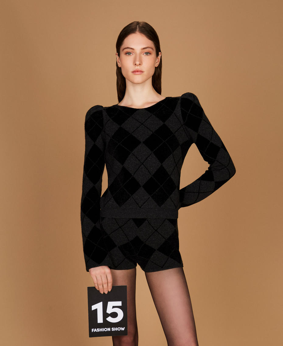 Diamond pattern jumper with inlays Two tone Charcoal/Black Woman 252TS3370_11247_PS