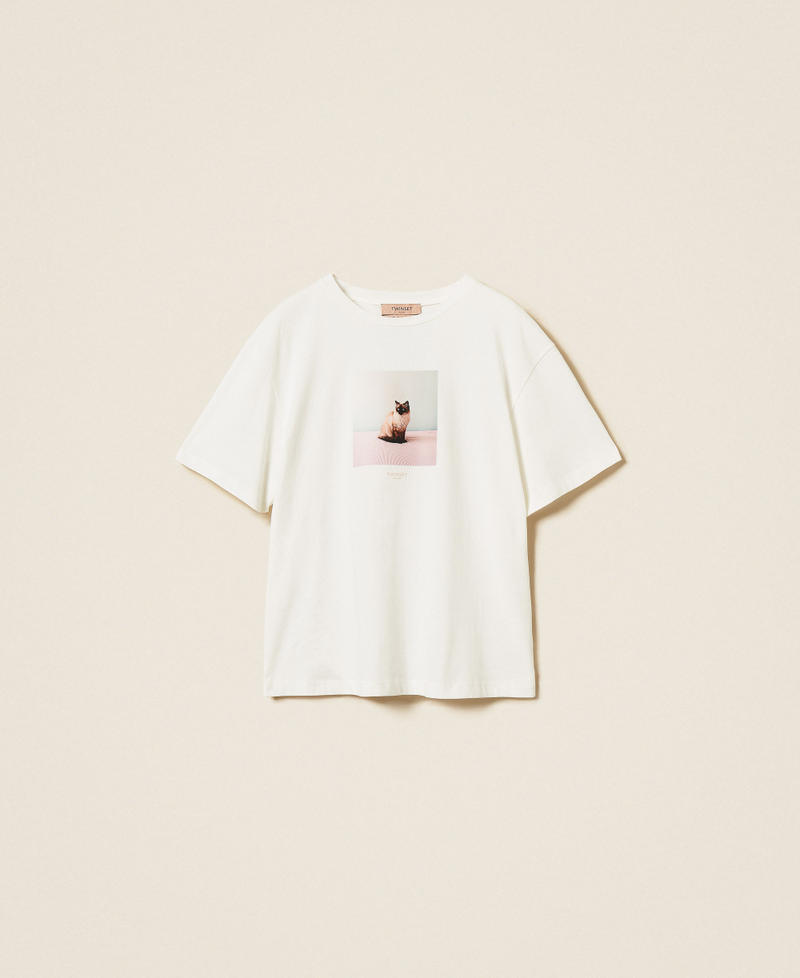 Regular crew neck T-shirt with print Cat/"Lucent White" Print Woman 262TF2090_14113_S0