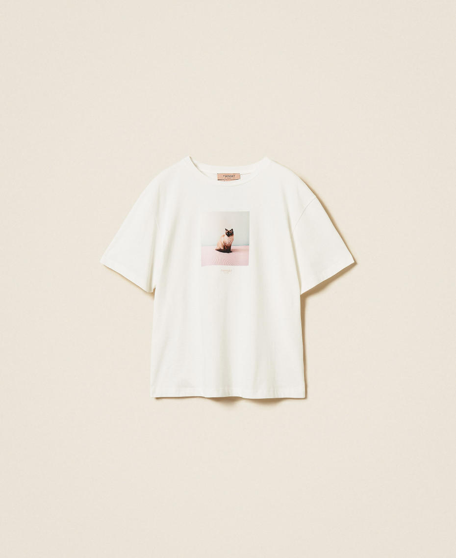 Regular crew neck T-shirt with print Cat/"Lucent White" Print Woman 262TF2090_14113_S0