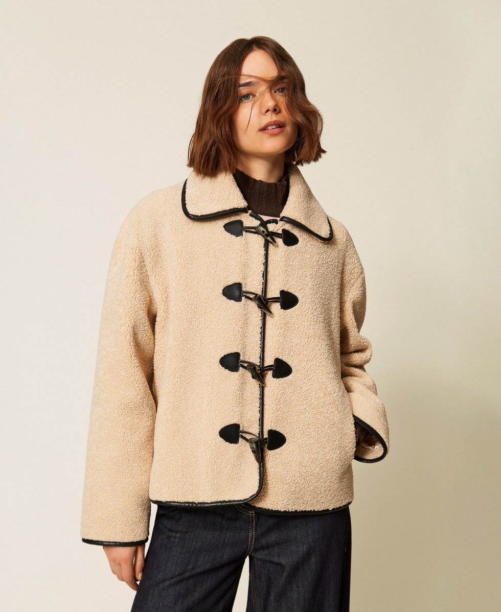 Caban in faux fur con alamari Bicolor Beige "Crystal Sand" / Nero Donna 262LI2FAA_13879_04