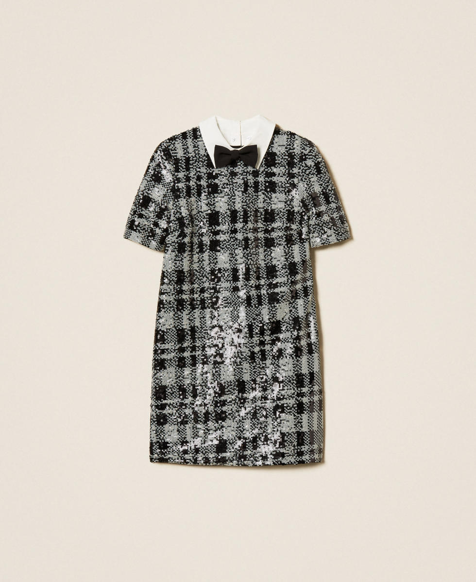 Short sequin dress with check pattern B&W Sequins Check Woman 252AT2261_12922_S0