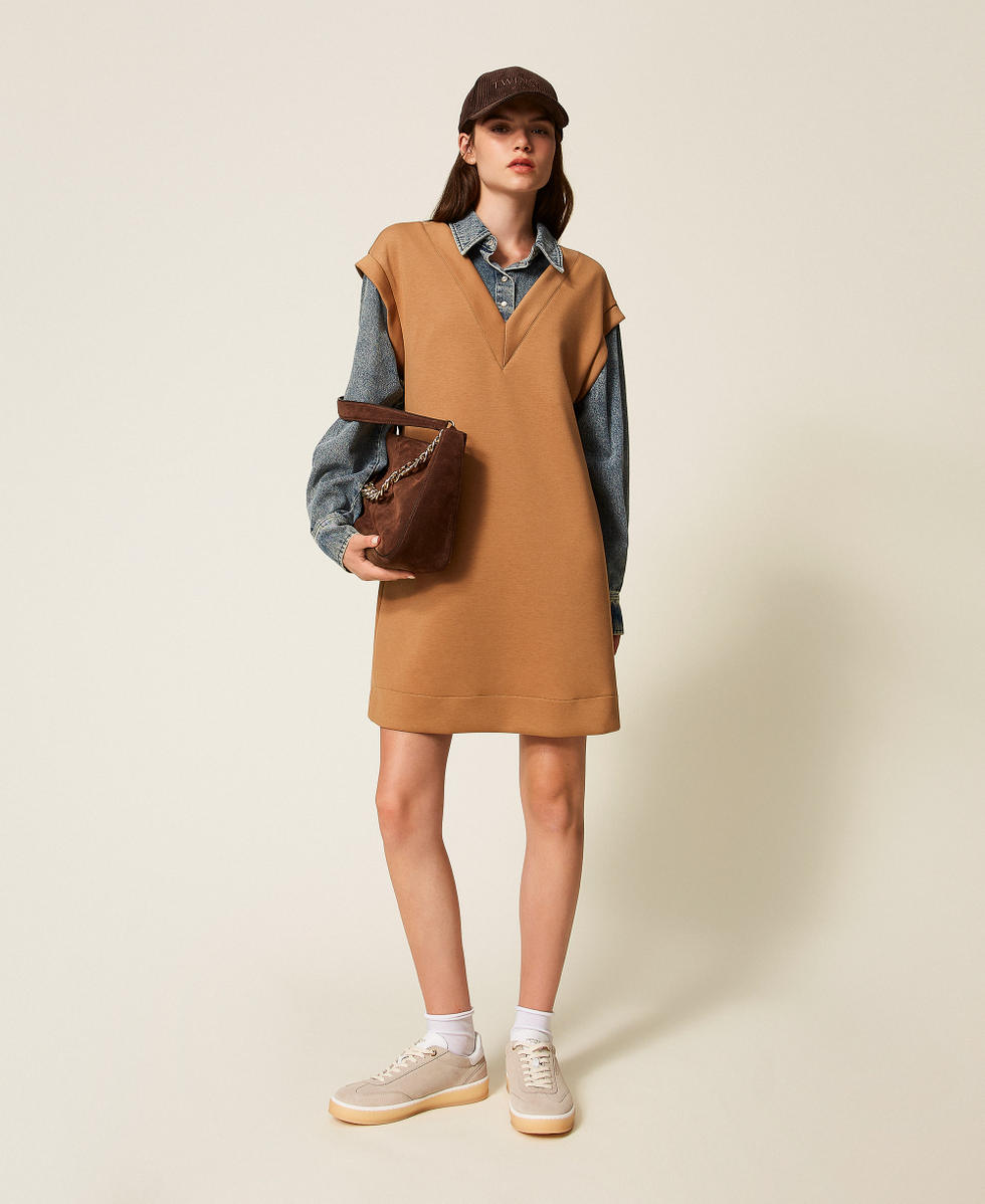 Vestido corto de tejido scuba y vaquero Bicolor Camel / Denim Mujer 252LI2PBB_12671_T0