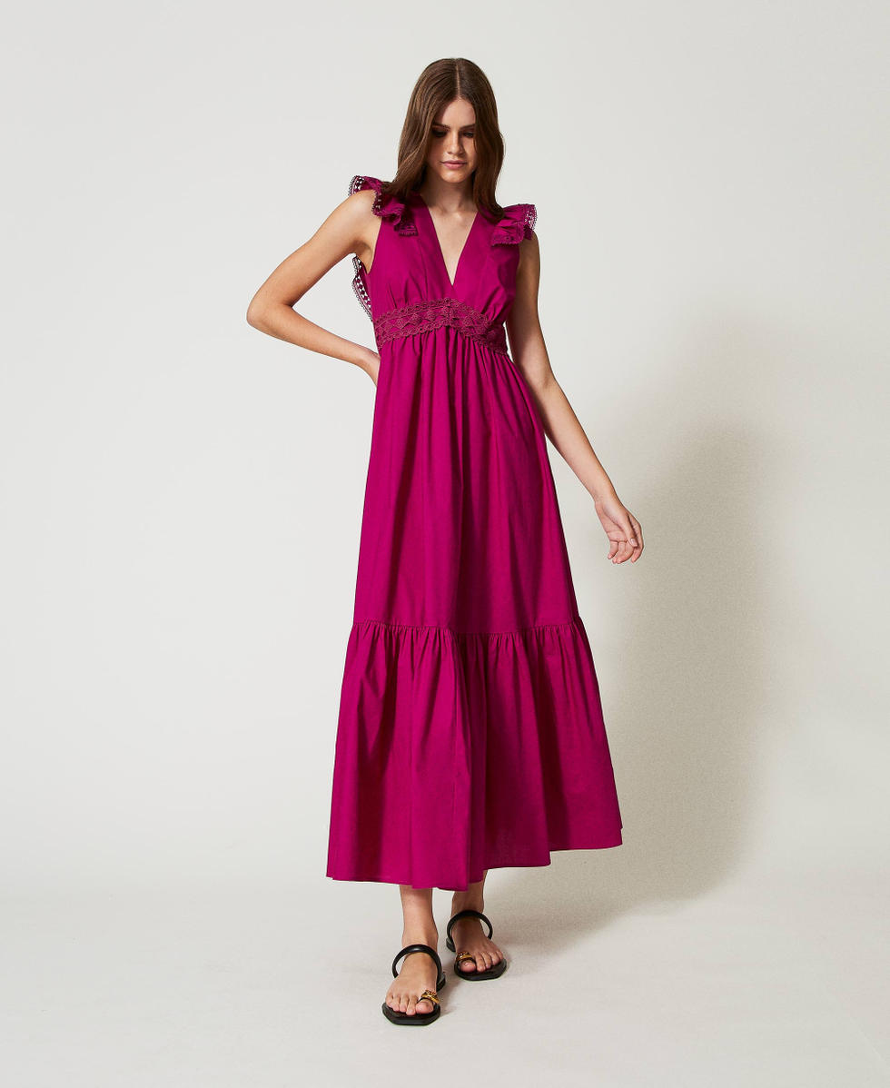 Maxikleid aus Popeline mit H&auml;keldetails Magentaviolett Frau 251LB2KFF_11736_01