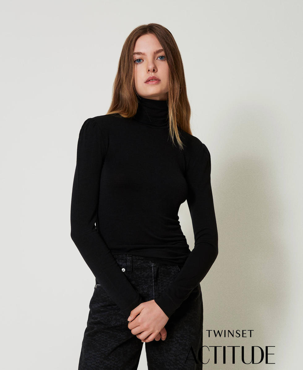 Camiseta de corte cenido de cuello alto Mujer Negro TWINSET Milano