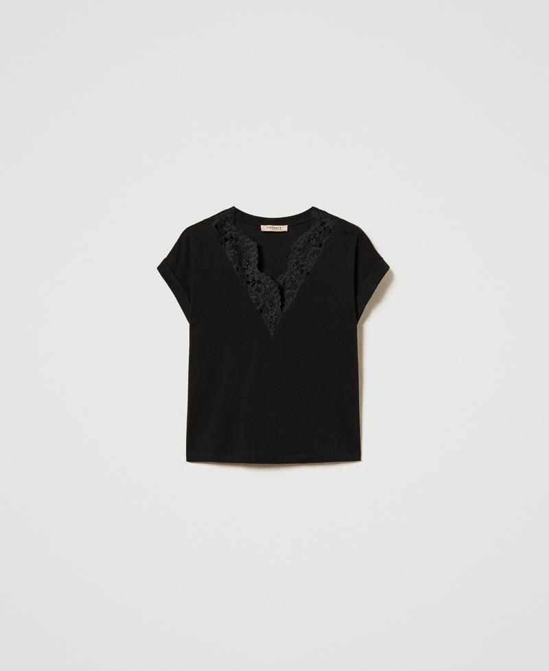 Kimono-T-Shirt mit Spitze Schwarz Frau 251TP2292_00006_S0