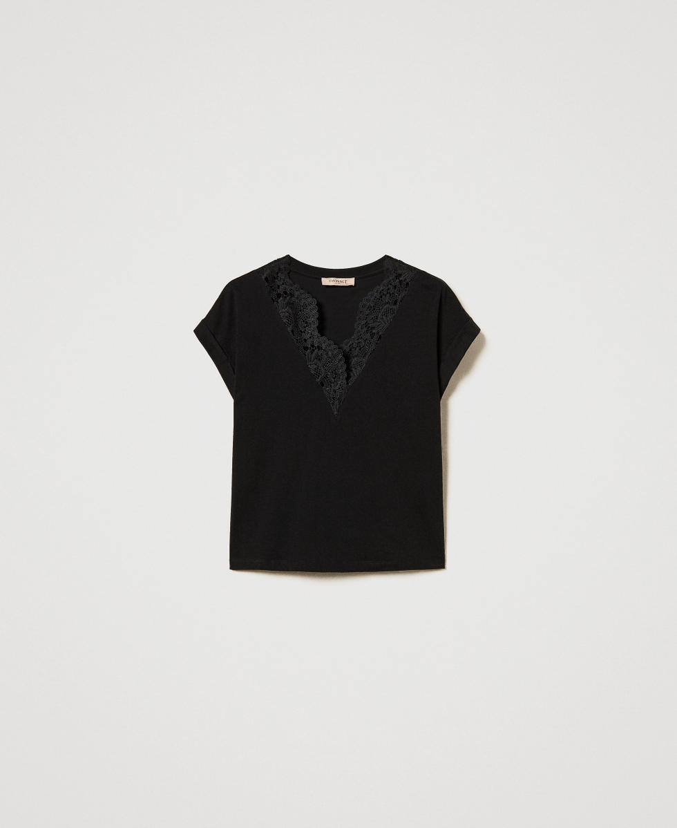Kimono T-shirt with lace Black Woman 251TP2292_00006_S0