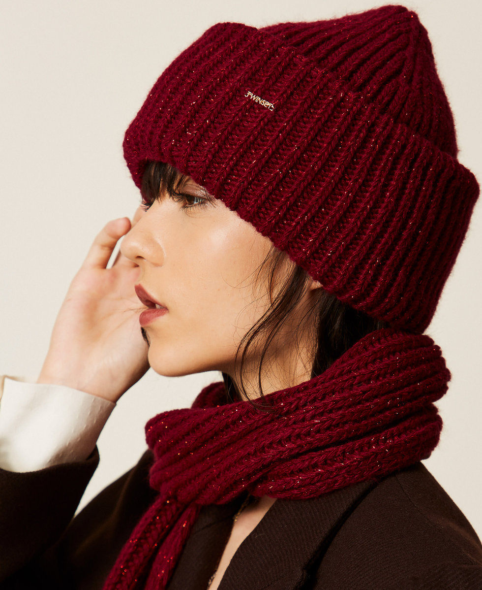 Knitted beanie with lurex Burgundy Red Woman 262TA4620_13670_A0