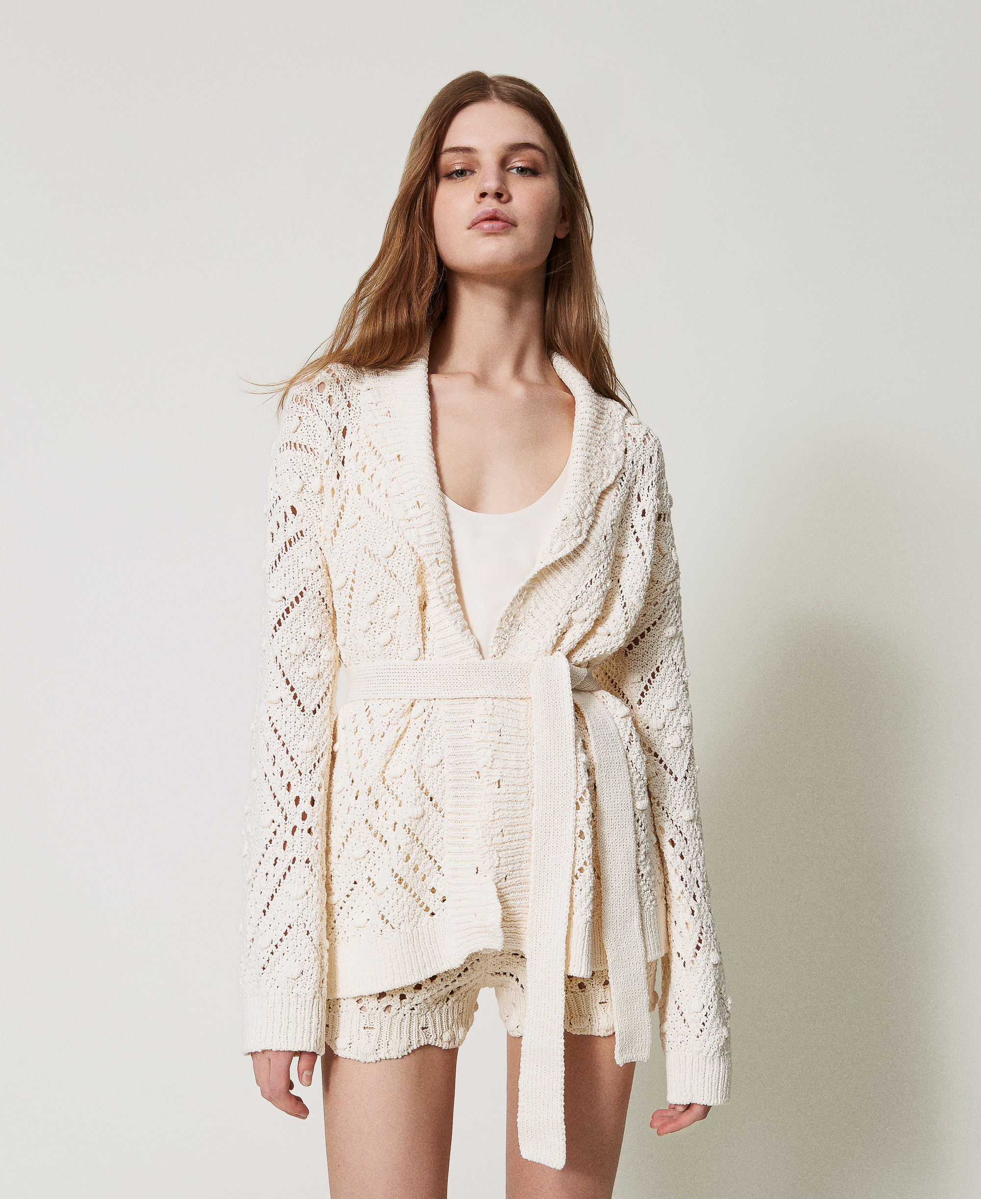 Openwork knit cardigan with belt