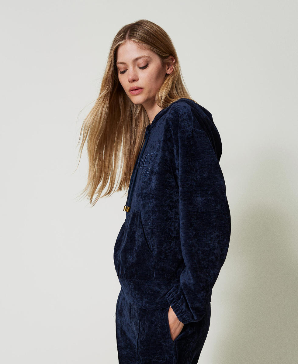 Velvet hoodie with embroidered logo Woman Blue TWINSET Milano
