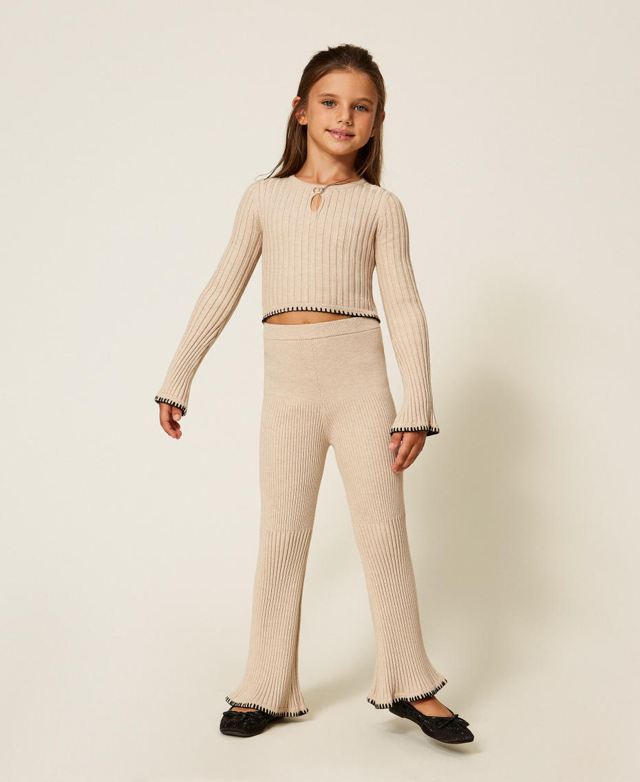 Rib knit trousers with embroidery Biscuit Beige Girl 252GJ3091_10884_01