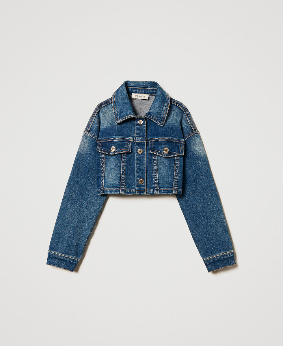 Blouson cropped en jean Denim Bleu Fonc&eacute; Fille 251GJ2600_12231_S0