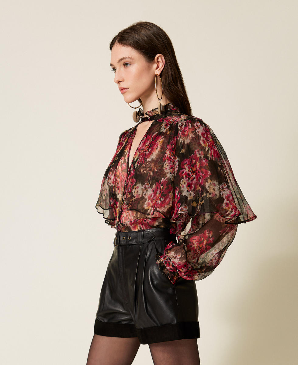 Silk creponne floral shirt Black/Magenta Floral Print Woman 252TS2351_13099_02