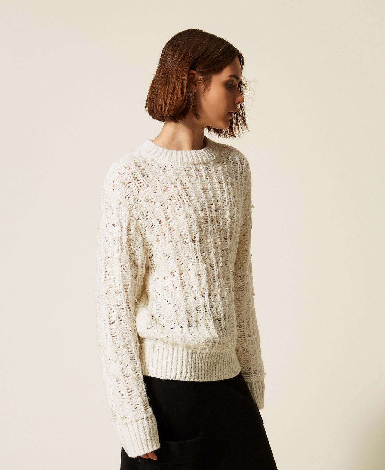 Crew neck jumper with pearls Mother Of Pearl Woman 262LI3TAA_00059_02