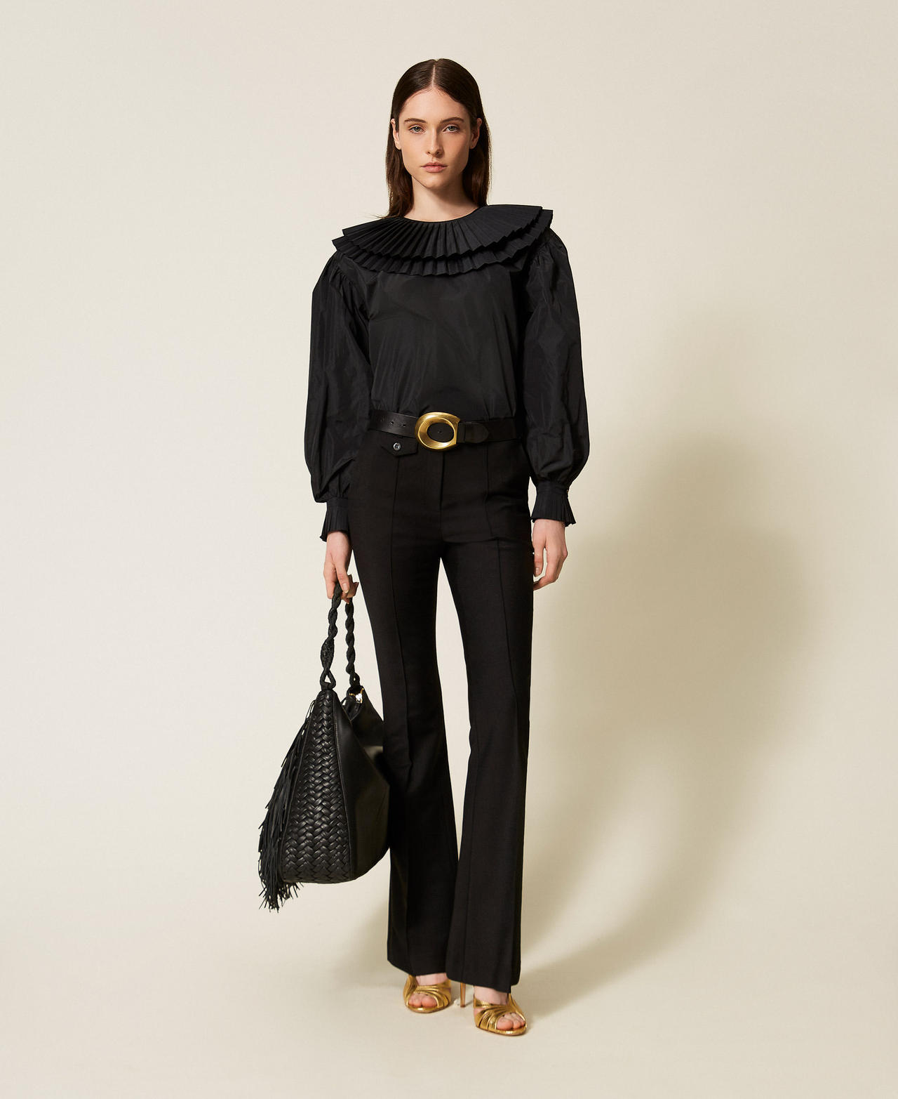 Taffeta shirt with flounces Black Woman 252TS2112_00006_01