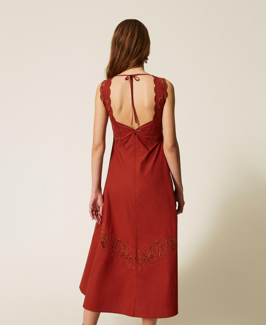 Long poplin and broderie anglaise dress Henna Brown Woman 261TT2032_13332_04