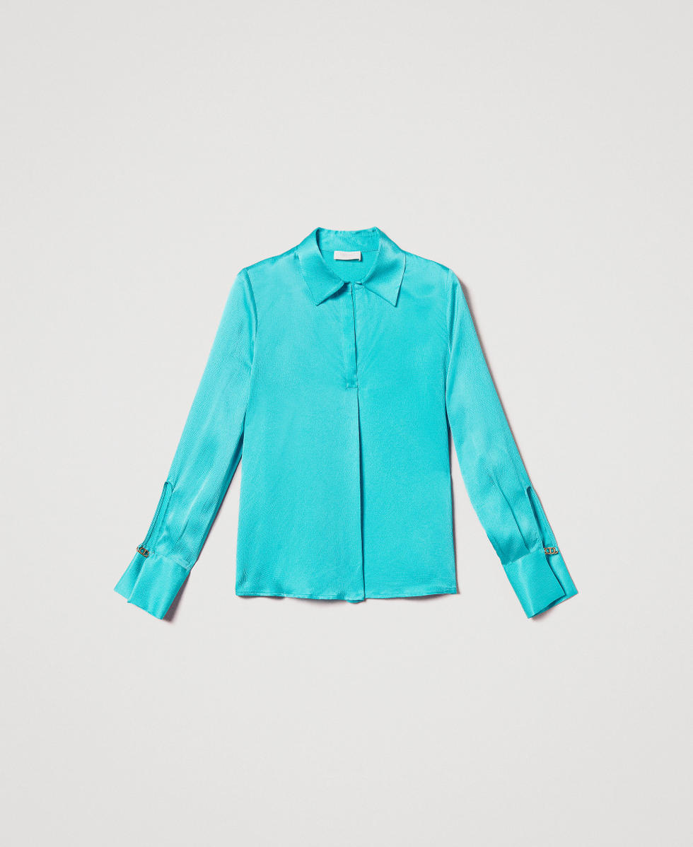 Satin blouse with shirt collar Emerald Sea Woman 251TE2044_12146_S0