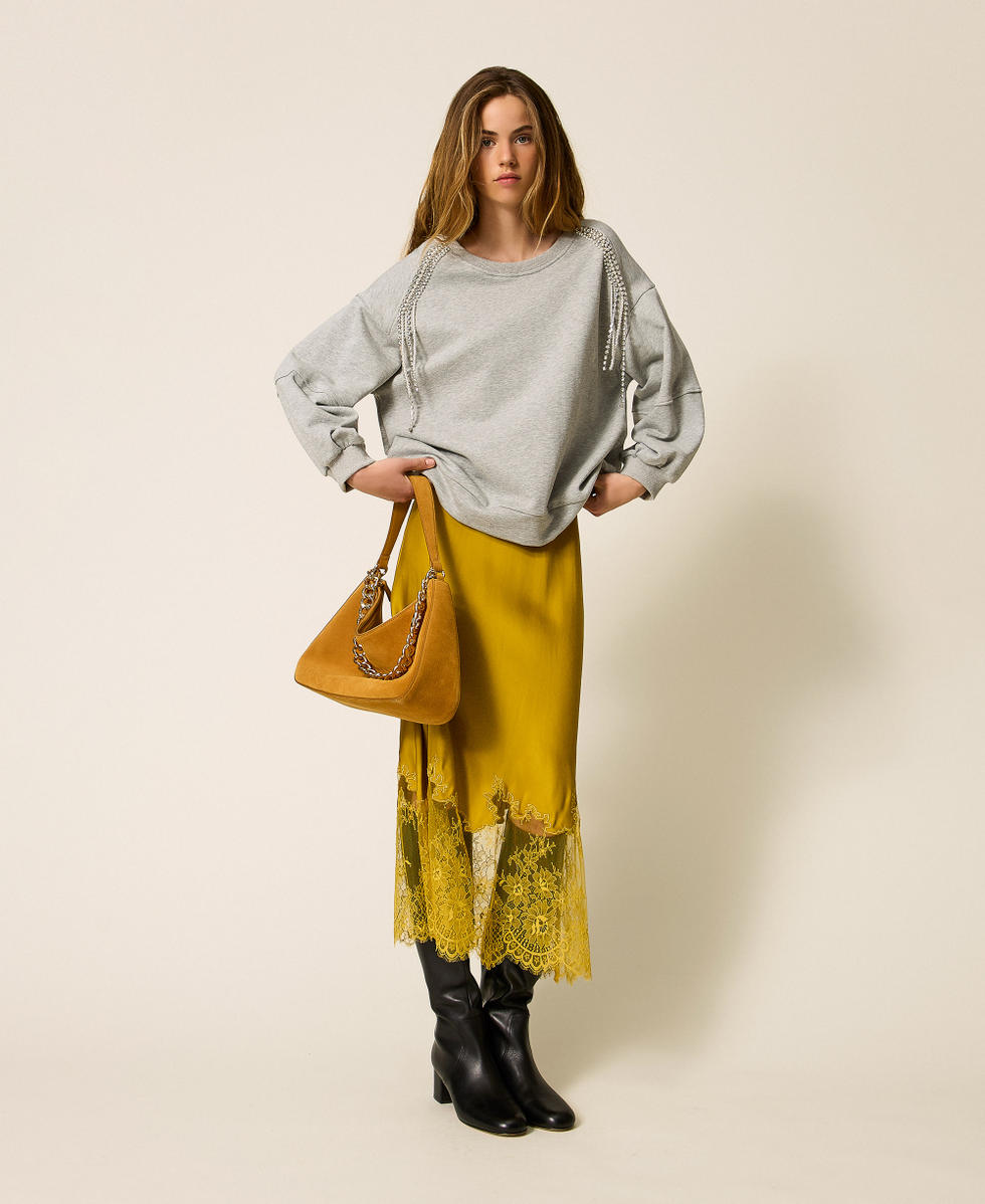 Sweatshirt with rhinestone and pearl chains Melange Grey Woman 252LI2MCC_00082_01