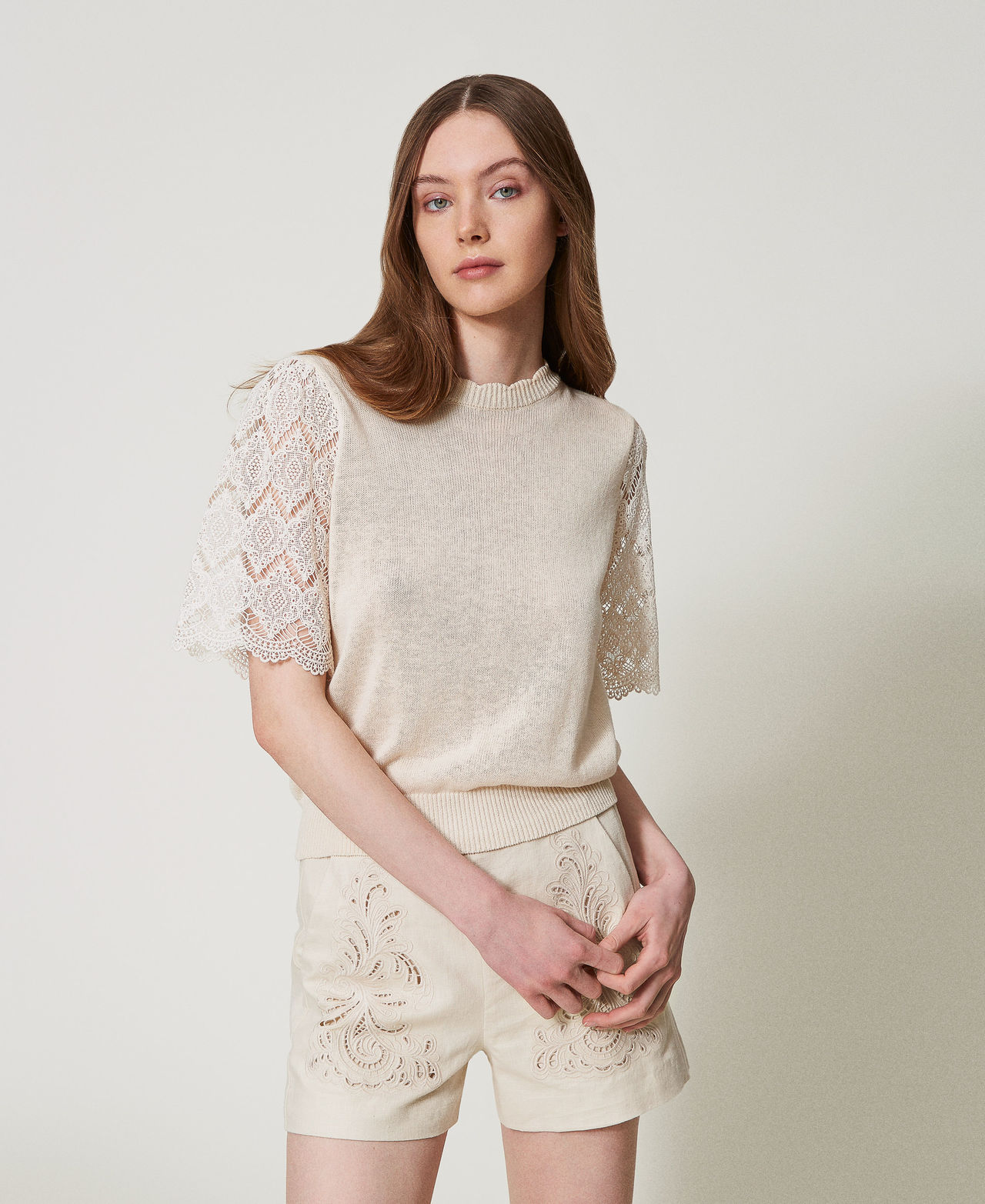 Linen blend jumper with jacquard sleeves Delicate Beige Woman 251TP3341_12140_01