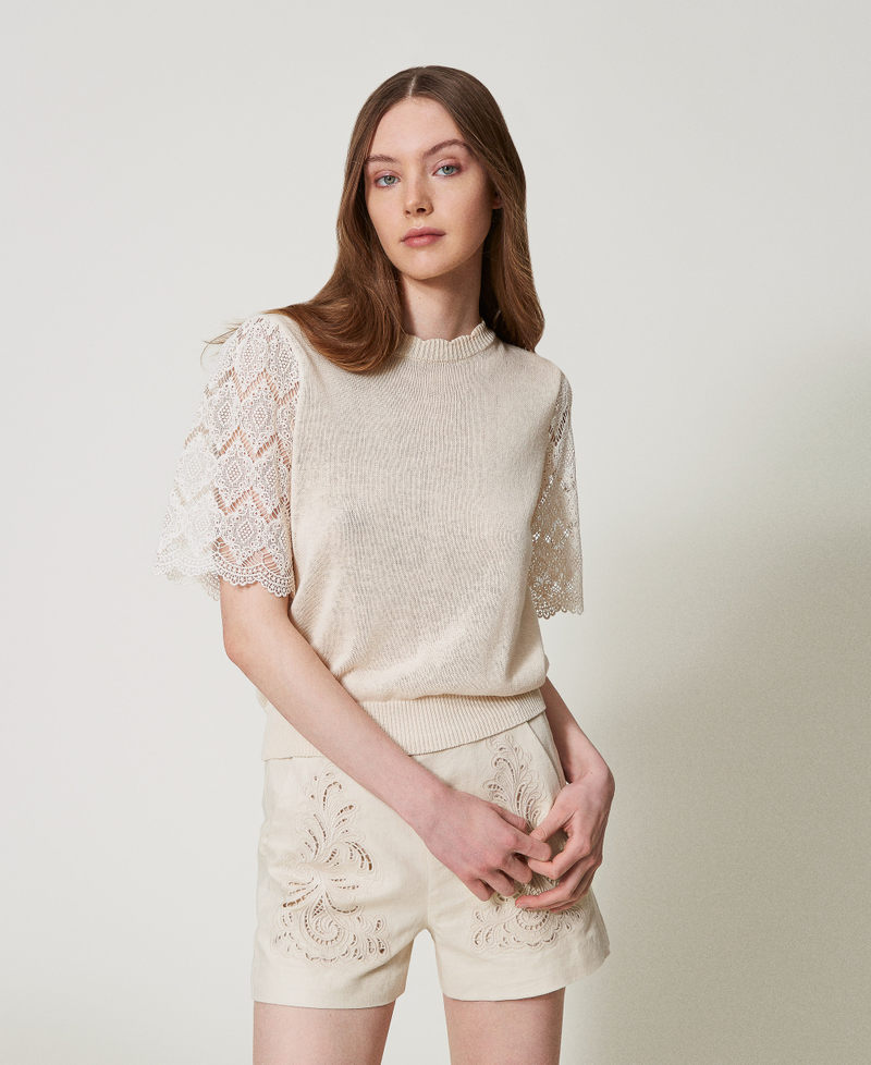 Linen blend jumper with jacquard sleeves Delicate Beige Woman 251TP3341_12140_01
