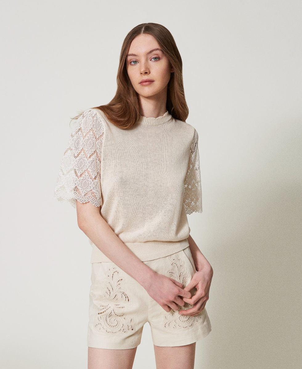 Linen blend jumper with jacquard sleeves Delicate Beige Woman 251TP3341_12140_01