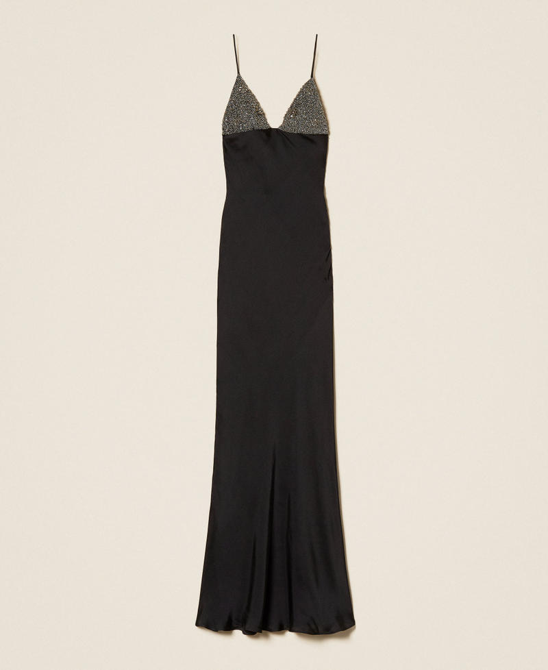Long satin dress with embroidery Black Woman 252TT2130_00006_S0