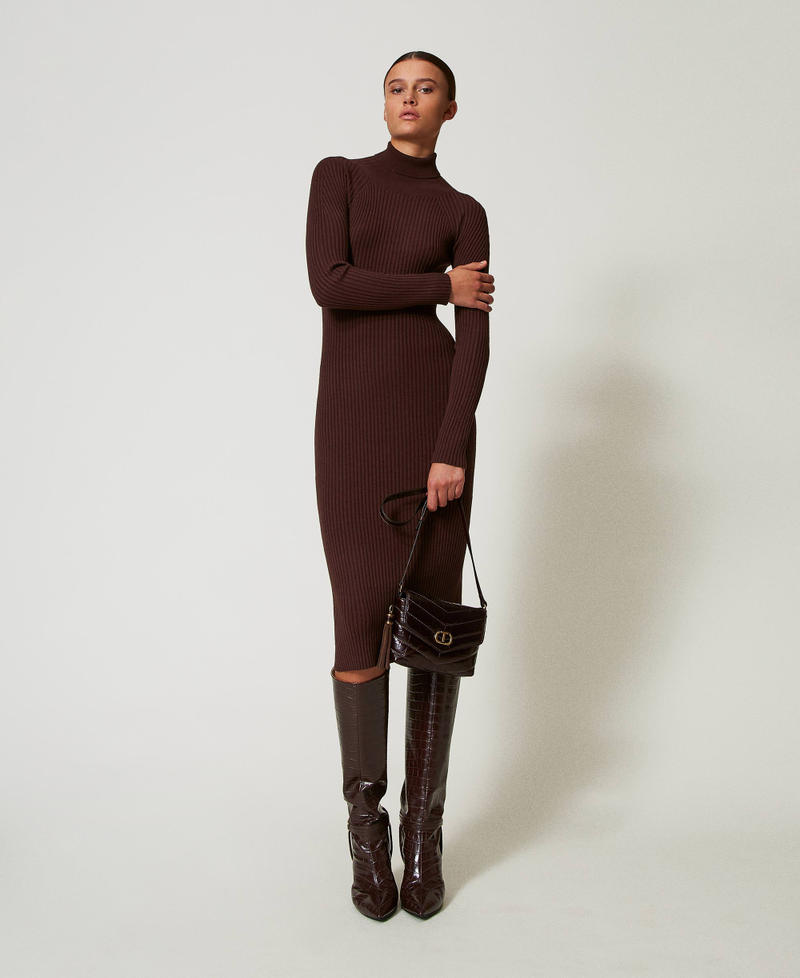 Long ribbed knit dress with cut-out Coffee Chocolate Woman 242TT3062_11946_T0