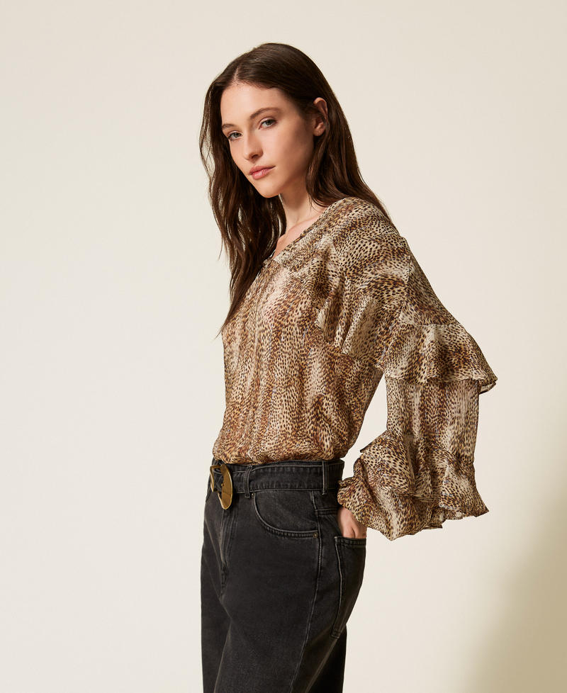 Animal print creponne blouse Brown Animal Print Lurex Stripe Woman 252TT2352_12895_02