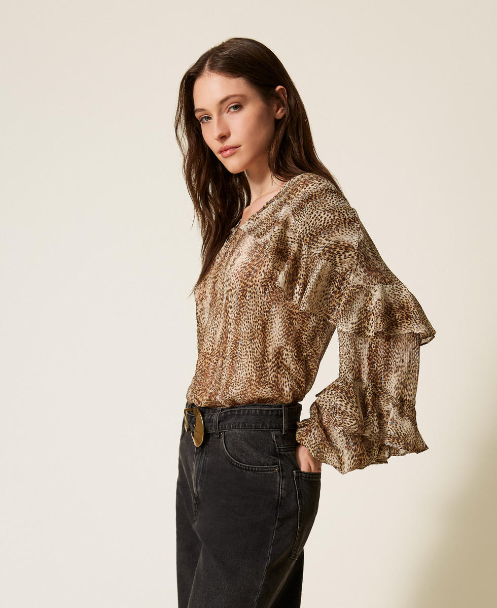 Blouse en cr&eacute;pon animalier Imprim&eacute; Animalier Marron Rayure Lurex Femme 252TT2352_12895_02