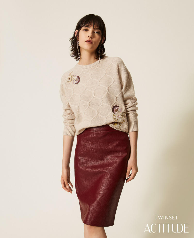 Crew neck wool jumper with floral embroidery Light Beige Melange Woman 262AP3191_13870_PA