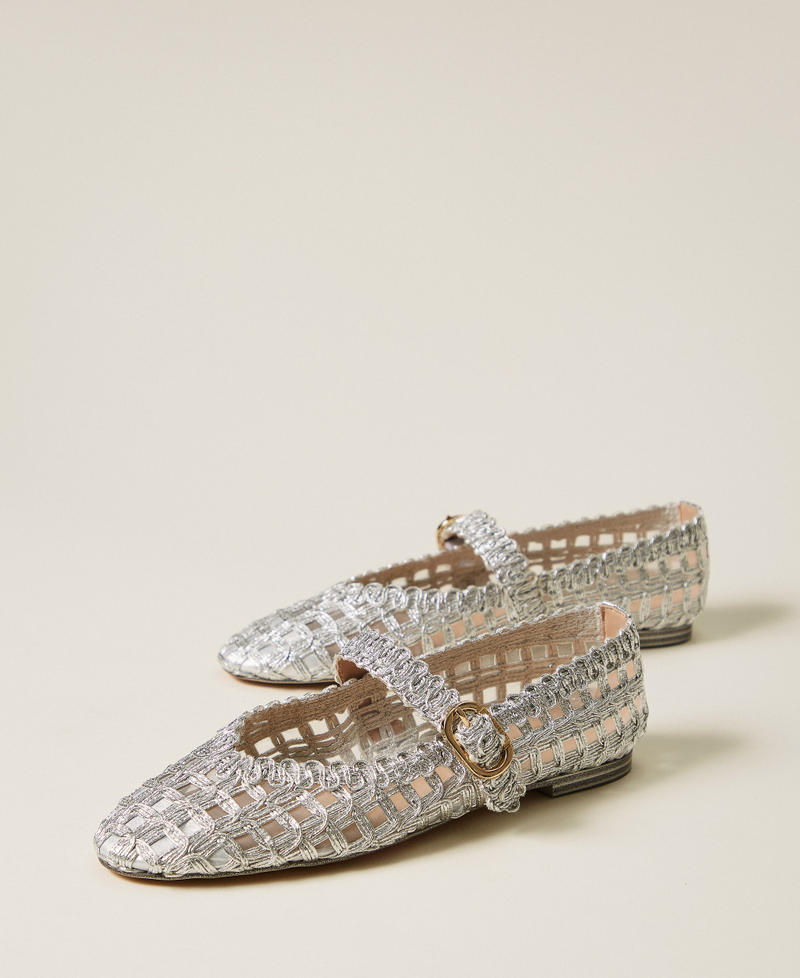 Ballet flats with strap and embroidery Silver Woman 261TGT074_00995_02
