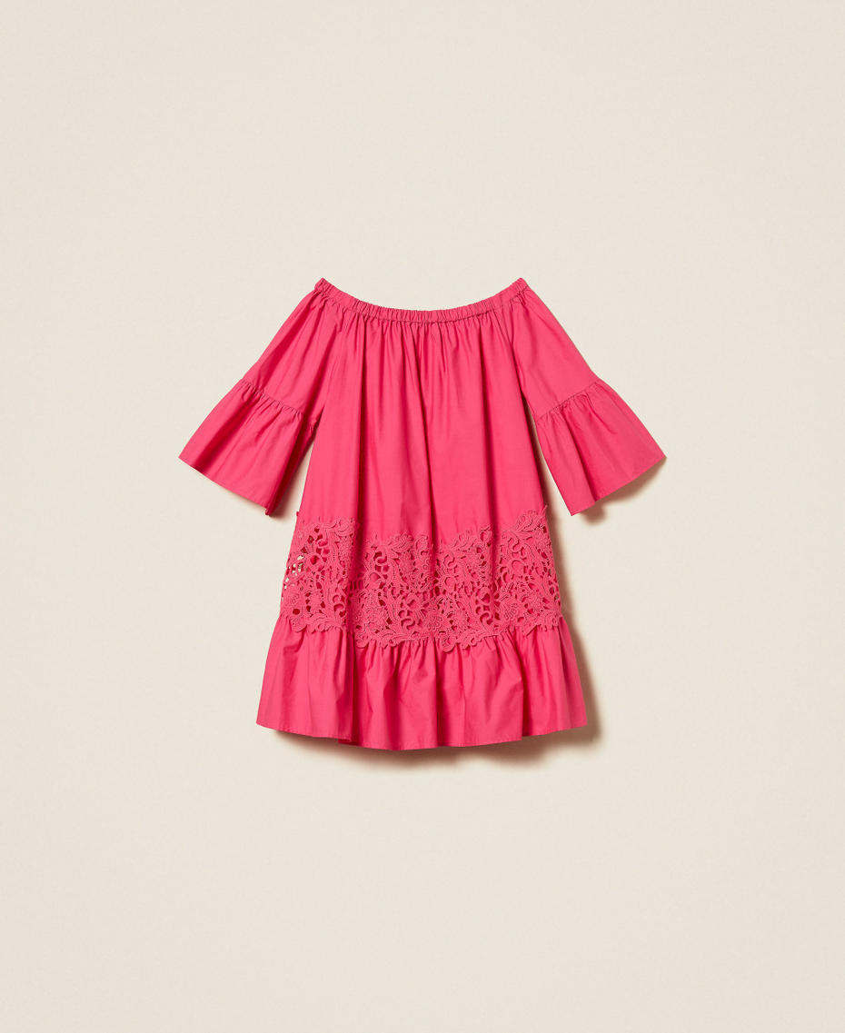 Short poplin kaftan with macram&eacute; Cyclamen Fuchsia Woman 261LB2AEE_13188_S0
