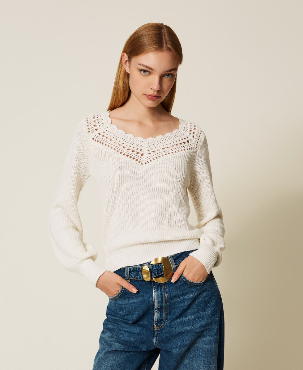Wool blend jumper with crochet details "Parchment" Beige Woman 252TP3102_07222_01