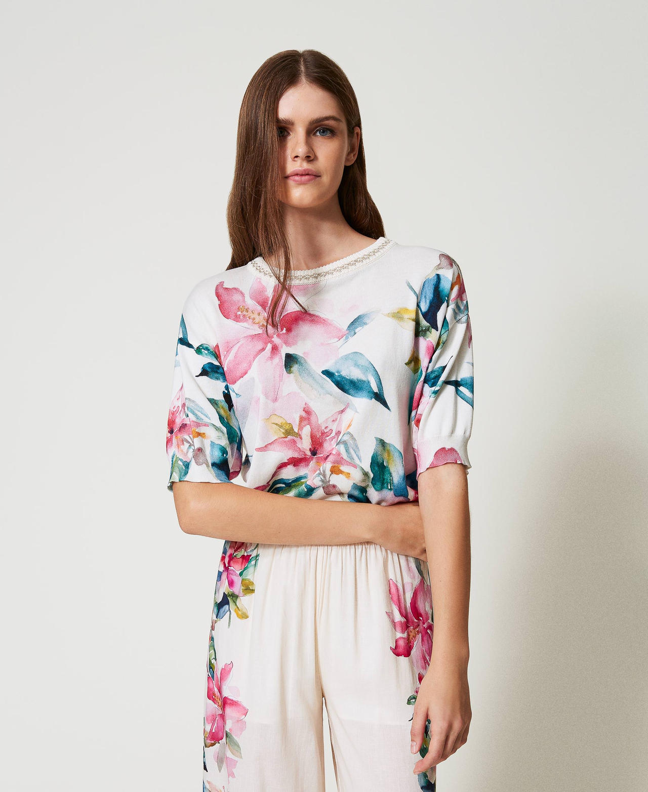 Maglia con stampa a fiori Stampa Riga Fiori Madreperla / Multicolor Donna 251LB3PAA_12198_01
