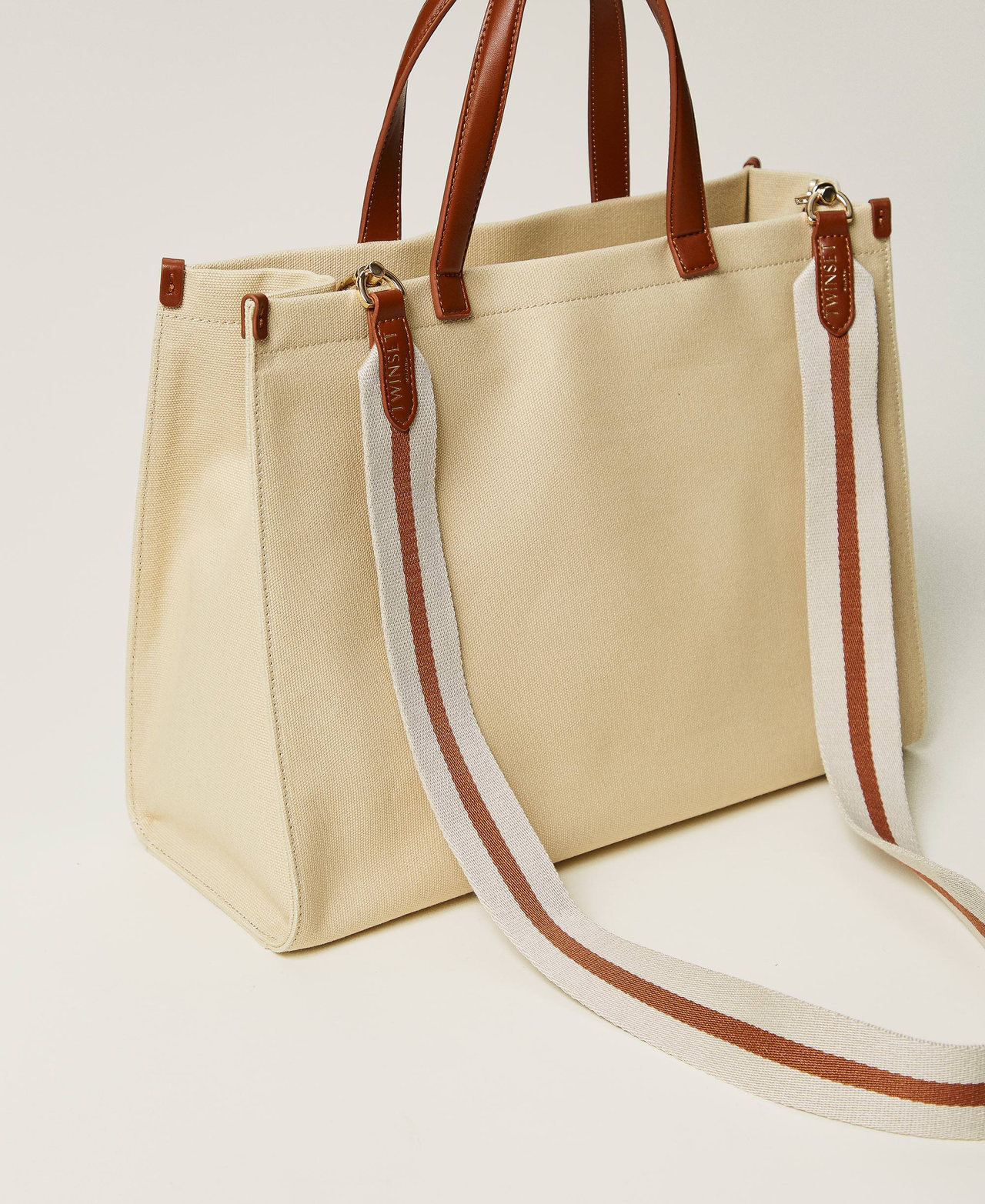 Canvas shopper bag with logo Light Wood Beige Woman 251TB7081_12186_03