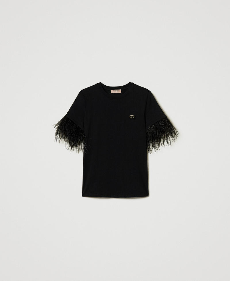 T-shirt avec logo Oval T et plumes Noir Femme 242TT2080_00006_S0