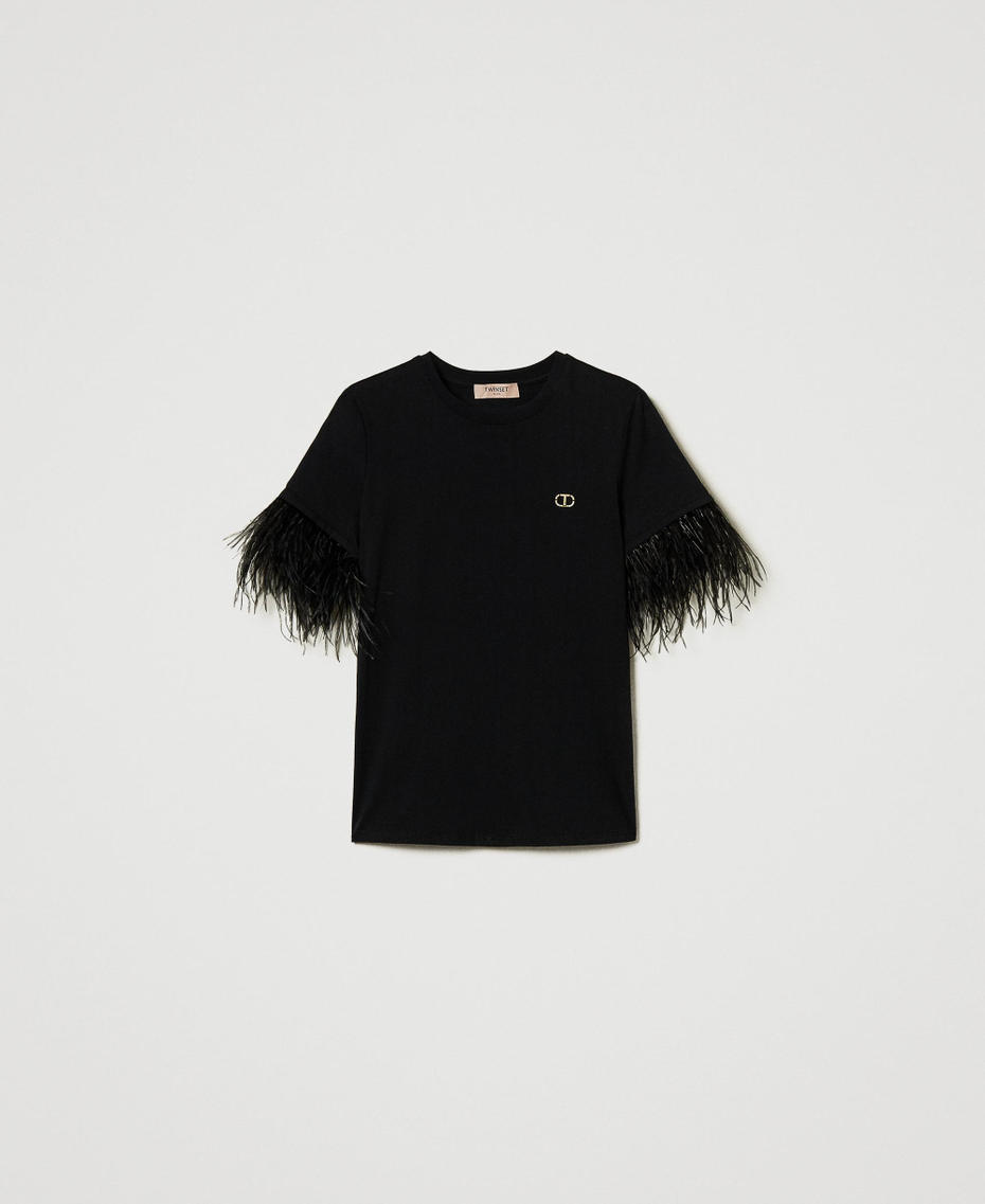 T-shirt avec logo Oval T et plumes Noir Femme 242TT2080_00006_S0